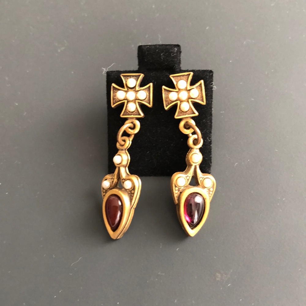 Vintage Antique Gold Pearl & Garnet Drop Dangle Earrings - Signed - MINT